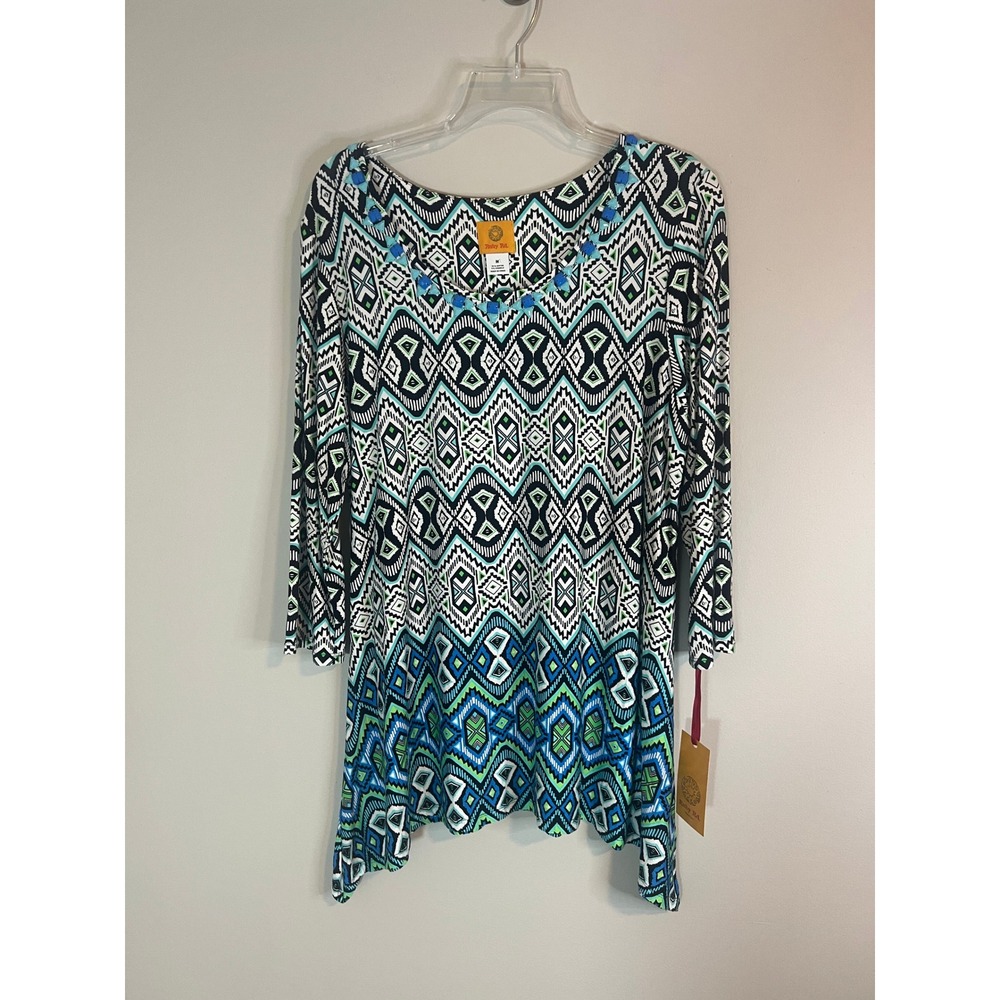Ruby Rd Tribal Geometric Sharkbite Tunic Top Blue Green Beaded M NEW